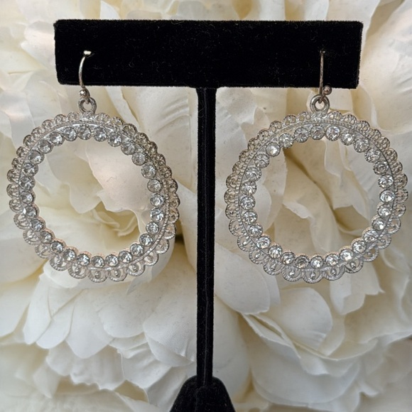 Vintage Silver Hoop Earrings with crystals - Picture 1 of 3